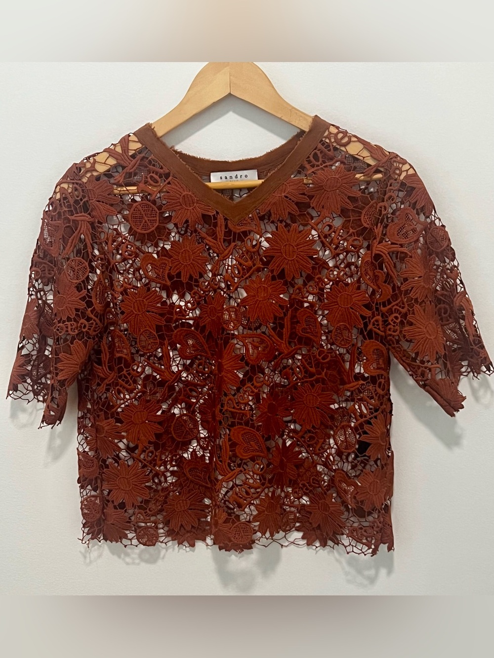 Sandro Paris Floral Lace Short Sleeve Top Rust Terracotta Size 2
